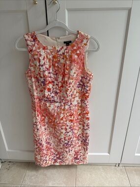 Ann Taylor Coral, Purple & Cream Sleeveless Printed Midi Dress